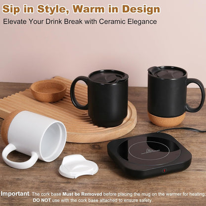 Coffee Mug Warmer & Mug Set for Desk, Electric Coffee Cup Warmer with Ceramic Mug, Smart Heated Coffee Mug with Auto Shut Off for Office/Home, Christmas/Birthday/Coffee Gifts for Men & Women, Wood