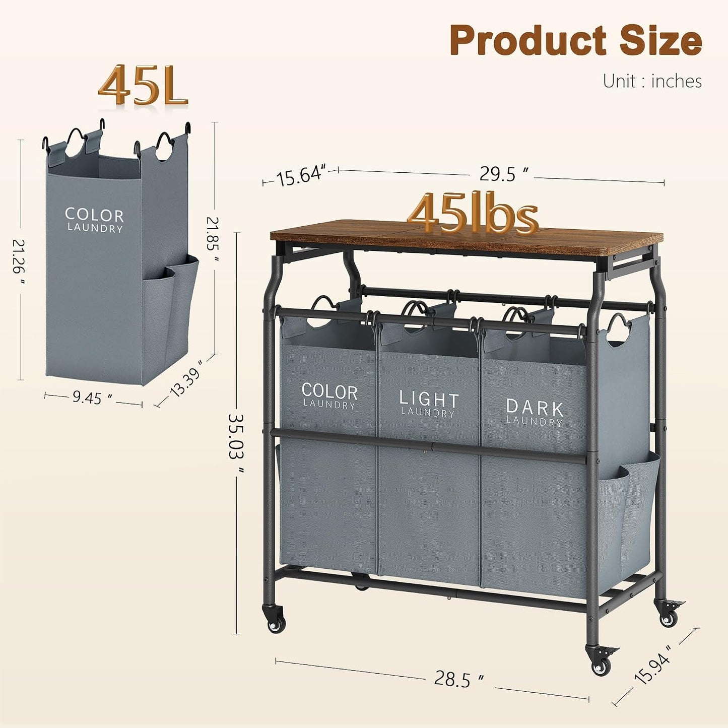 Hoctieon 3 Section Laundry Sorter with Iorning Board, Laundry Hamper, Black | Lockable Wheels, Laundry Basket Organizer with Wheels, Heavy Duty Clothes Organizer, Large Clothes Separator, Removable Bags