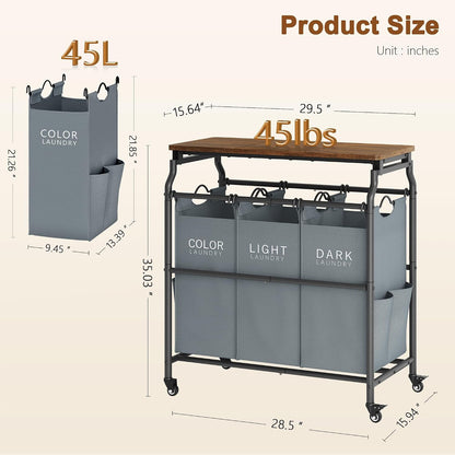 Hoctieon 3 Section Laundry Sorter with Iorning Board, Laundry Hamper, Black | Lockable Wheels, Laundry Basket Organizer with Wheels, Heavy Duty Clothes Organizer, Large Clothes Separator, Removable Bags