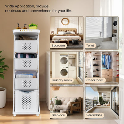 BAOKALER 4-Tier Laundry Hamper Sorter, Vertical Laundry Baskets with Wheel | Rolling Stackable Laundry Cart Removable, Organizer and Storage for Small Space, Dorm, Closet, Bathroom