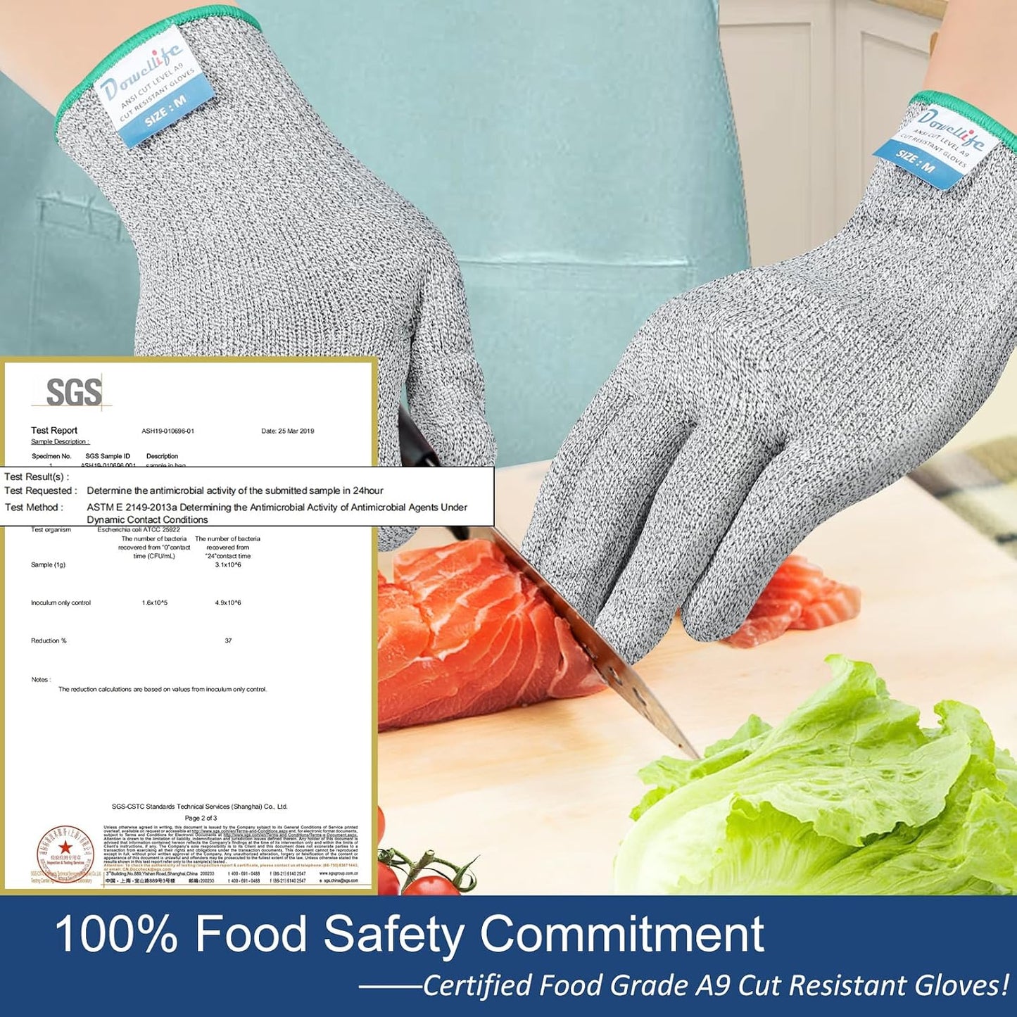 Dowellife Cut Resistant Gloves A9 Maximum Protection - Food Grade Kitchen & Chef Gloves for Food Prep, Knife Cutting, Mandoline Slicing, Butcher, Oyster Shucking, Fish Handling (Medium)