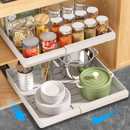 DOMNIU Pull Out Cabinet Organizers Expandable,White,16.9"Depth,2 Pack | Slide Out Drawers for Kitchen, Bathroom, Pantry, Under Sink Storage, Fixed with Adhesive Nano Film (11.6''-17.5'')