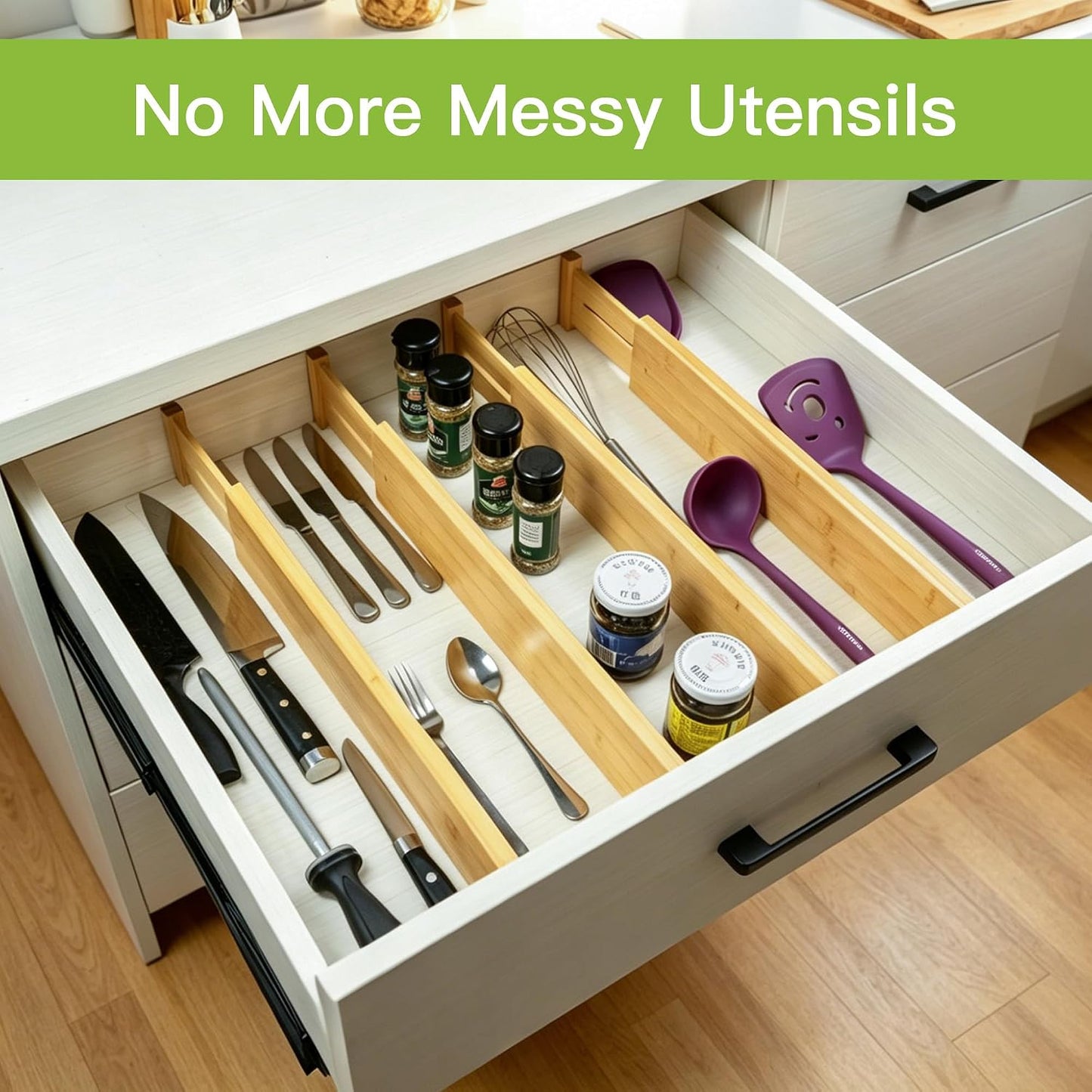 Utoplike 4 Pcs Bamboo Kitchen Drawer Dividers, Large Drawers Organizers | Adjustable Spring Loaded Expandable Organization, Works in Dresser, Bathroom, Bedroom, Office, Fit 17.8"-20.6" Drawer, 2.4"H