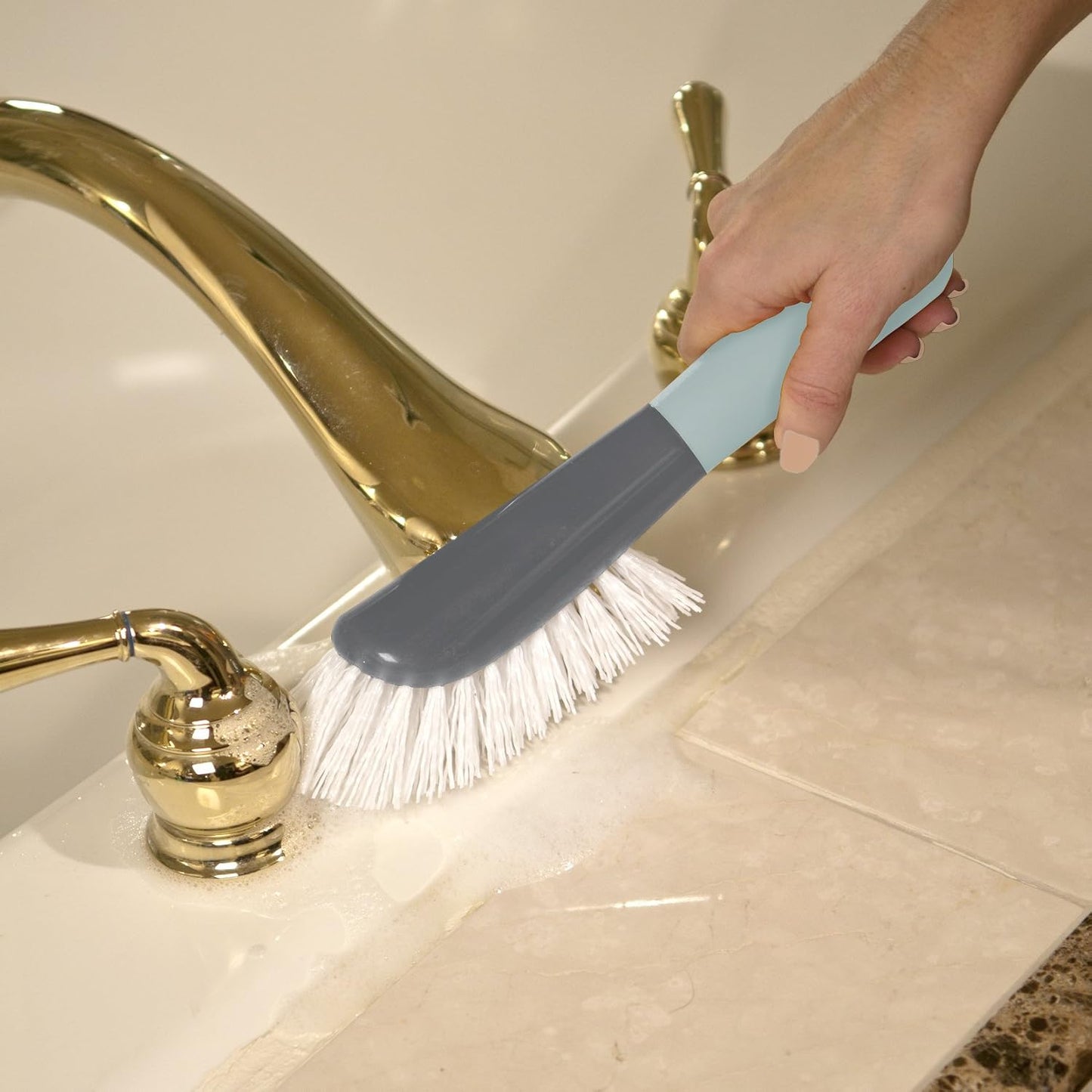 Casabella Smart Scrub Heavy-Duty Tile and Grout Brush for Tile Joints, Grout Cleaner Brush with Nonslip Handle, Gray/Aqua
