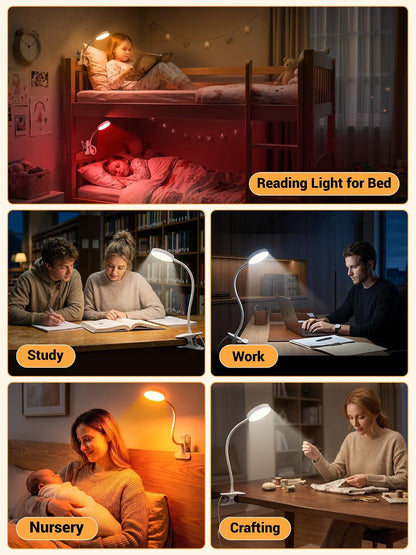 Clip on Light,10 Colors RGB Desk Lamp with Clamp,10 Dimmable Reading Lamp | 500 Lumen Eye-Caring Clip on Lamp,360° Adjustable Clip on Reading Light for Bed/Headboard/Bedside Table/Bedroom,USB Adapter
