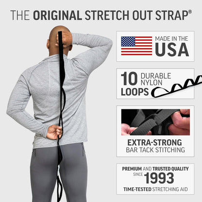 OPTP The Original Stretch Out Strap XL with Exercise Book, Made in the USA | Stretch Out Strap for physical therapy, yoga stretching strap or knee therapy strap, 10 loops, 7'5" long durable woven strap