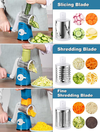 Geedel Rotary Cheese Grater, Kitchen Mandoline Vegetable Slicer with 3 Interchangeable Blades, Easy to Clean Rotary Grater Slicer for Fruit, Vegetables, Nuts | 3 Blades, 430 Stainless Steel, 12x Fast Cutting, Strong Suction Base, No BPA, Dishwasher Safe,