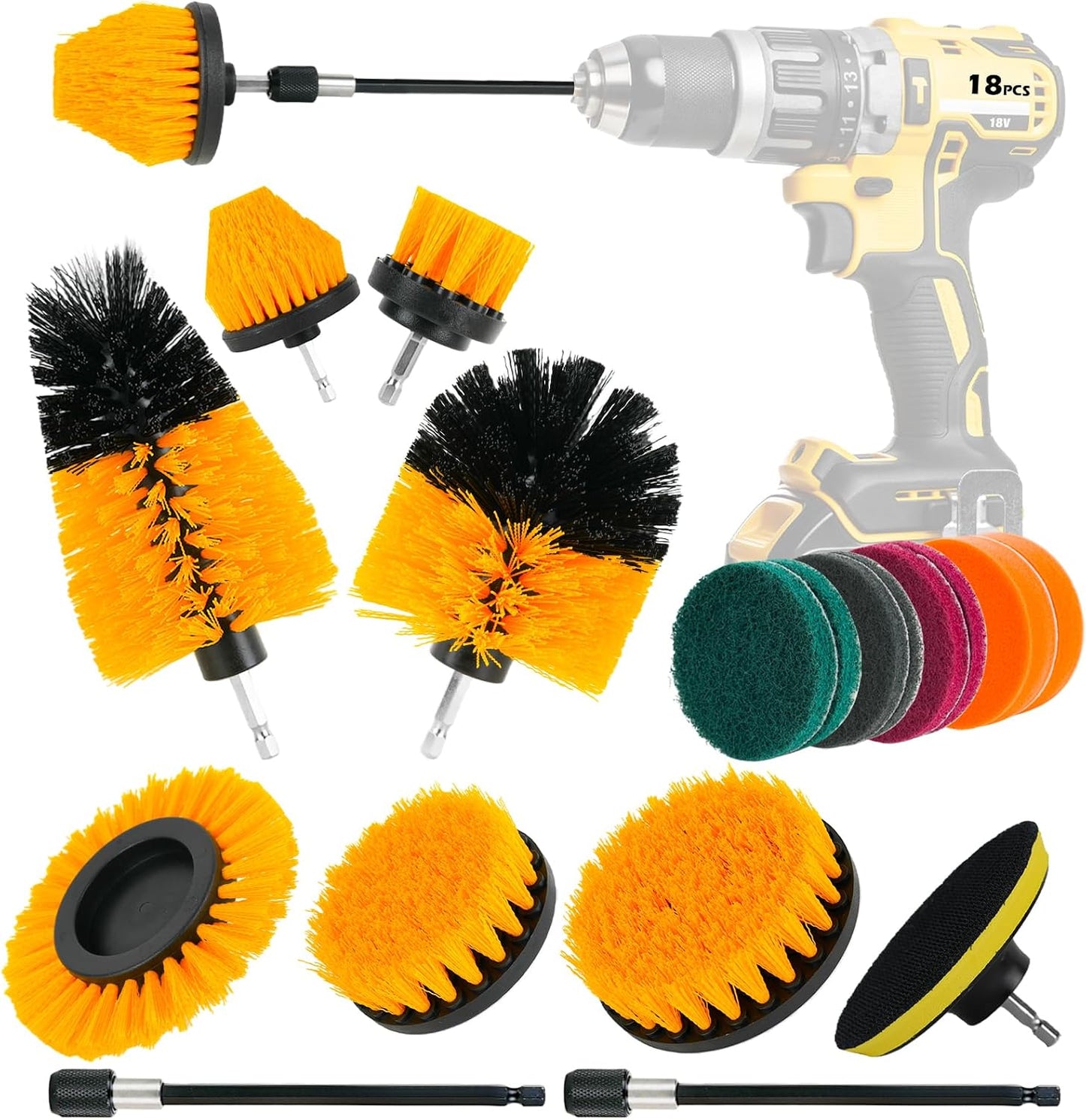 18PCS Drill Brush Attachments Set, Power Cleaning Scrub Brushes | Cleaning Brush Supplies with Scrub Pads, Sponge, Extend Long Attachment for Bathroom Bathtub, Grout, Tile, Sinks, Corners