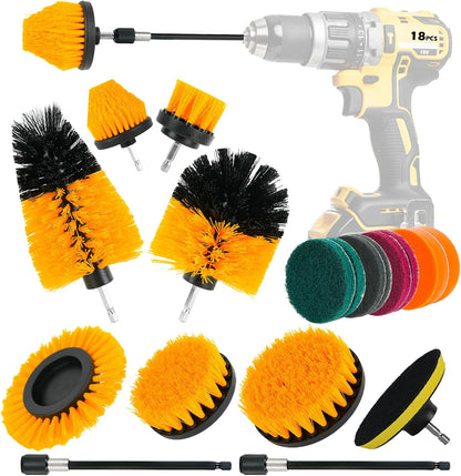 18PCS Drill Brush Attachments Set, Power Cleaning Scrub Brushes | Cleaning Brush Supplies with Scrub Pads, Sponge, Extend Long Attachment for Bathroom Bathtub, Grout, Tile, Sinks, Corners