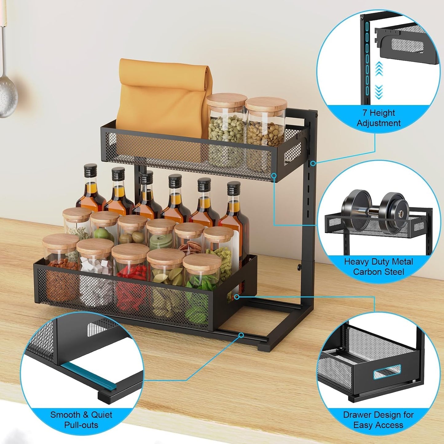 Petiza Under Sink Organizer Adjustable Height 2 Tier Bathroom Organizer Pull Out Cabinet Organer kitchen organizers and storage fridge organizers and storage,White,XL-1 Pack