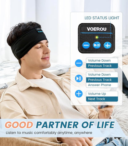 Voerou Sleep Headphones Bluetooth 5.4 Headband, Breathable Sports Headband Sleeping Headphones Eye Mask Music Earbuds, Perfect for Sleep Exercises Workout Yoga Travel, Cool Tech Gadgets Gifts for Men