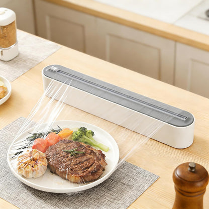Plastic Wrap Dispenser with Cutter, Gray and White, 15 Inch, Traceless Adhesive Mount, Kitchen Food Storage
