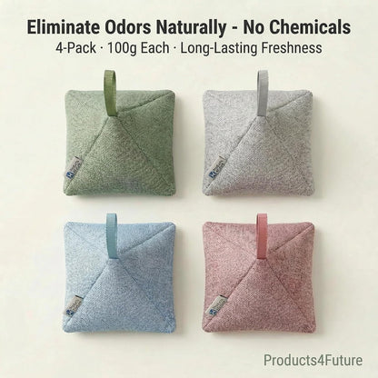 4 pack Naturally Activated Bamboo Charcoal Air Purifying Bags | Natural Home Deodorizer Bag | Charcoal Bag Odor Absorber For Pets | Odor Eliminator & Moisture Absorber Air Freshener Bag (200g Pyramid)