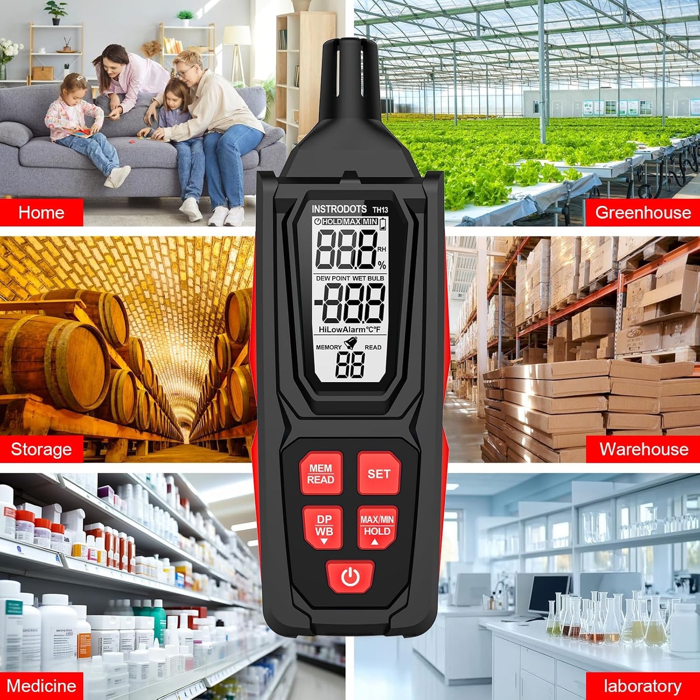Temperature Humidity Meter, High Precision Thermometer Hygrometer with Ambient, Dew Point, Wet Bulb Thermometer, Dual Display Temperature & Humidity with LCD Backlight, TH10