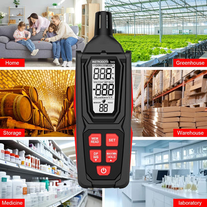 Temperature Humidity Meter, High Precision Thermometer Hygrometer with Ambient, Dew Point, Wet Bulb Thermometer, Dual Display Temperature & Humidity with LCD Backlight, TH10
