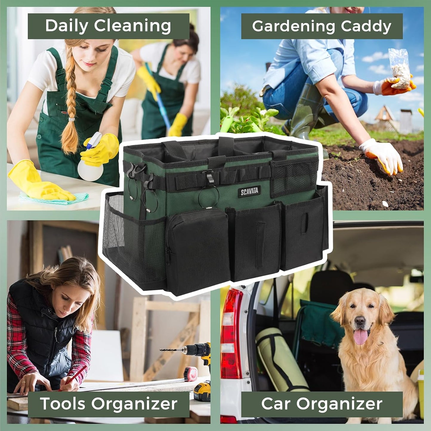 SCAVATA Wearable Cleaning Caddy Bag, Cleaning Caddy Supplies Organizer with Handle & Shoulder Straps for Housekeepers, Under Sink & Car Cleaning Tool Organizers with 4 Foldable Divider (Lake Blue)
