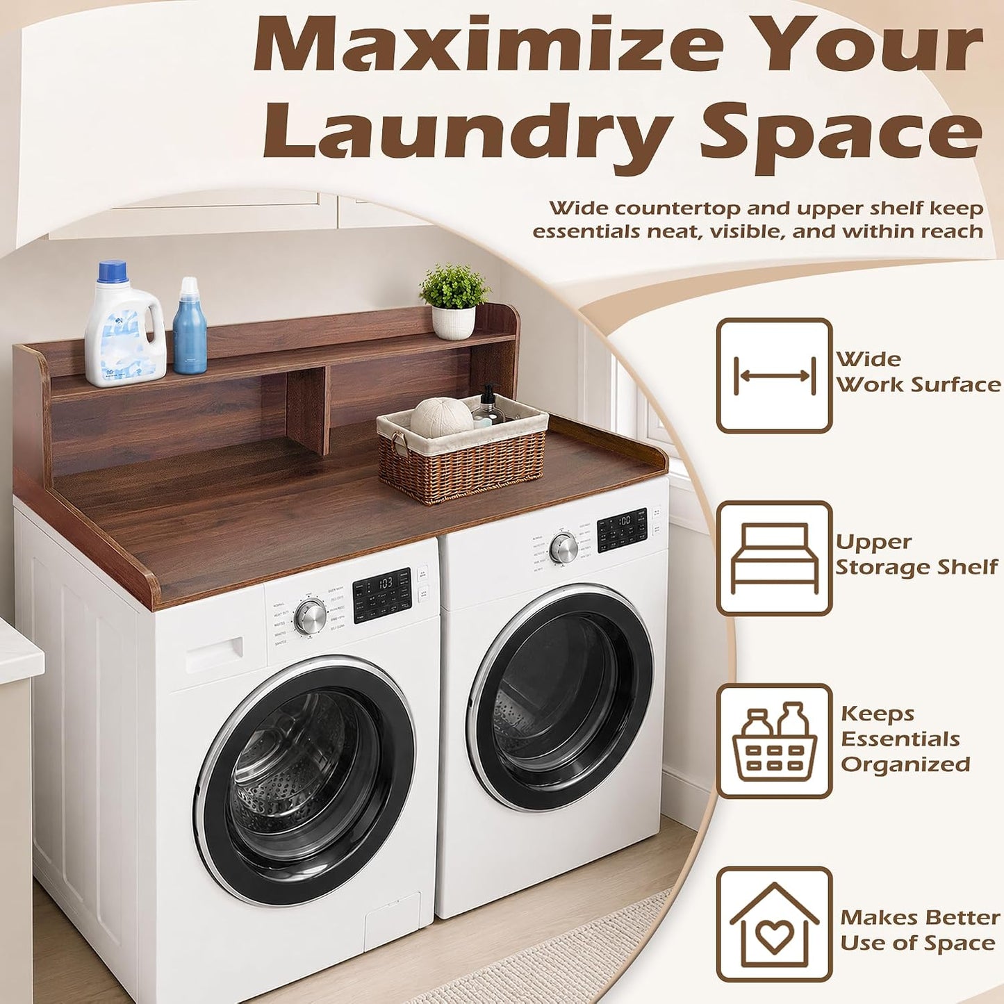 Royxen Laundry Countertop with 2-Tier Shelf Universal Fit, Washer and Dryer Countertop with Storage Space, Shelf Height 11.5 Inches, Solid Wood Core, Walnut