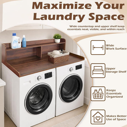Royxen Laundry Countertop with 2-Tier Shelf Universal Fit, Washer and Dryer Countertop with Storage Space, Shelf Height 11.5 Inches, Solid Wood Core, Walnut