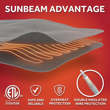 Sunbeam Royal Posh Dove Grey Heated Personal Throw / Blanket, Cozy-Warm, Adjustable Heat Settings