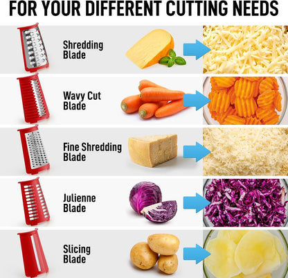 Zulay Kitchen Rotary Cheese Grater 5 Blade Cheese Shredder - Manual Hand Crank Cheese Grater With Reinforced Suction & 5 Interchangeable Drums - Easy to Use, Vegetable Chopper Round Mandoline Slicer - Colors B