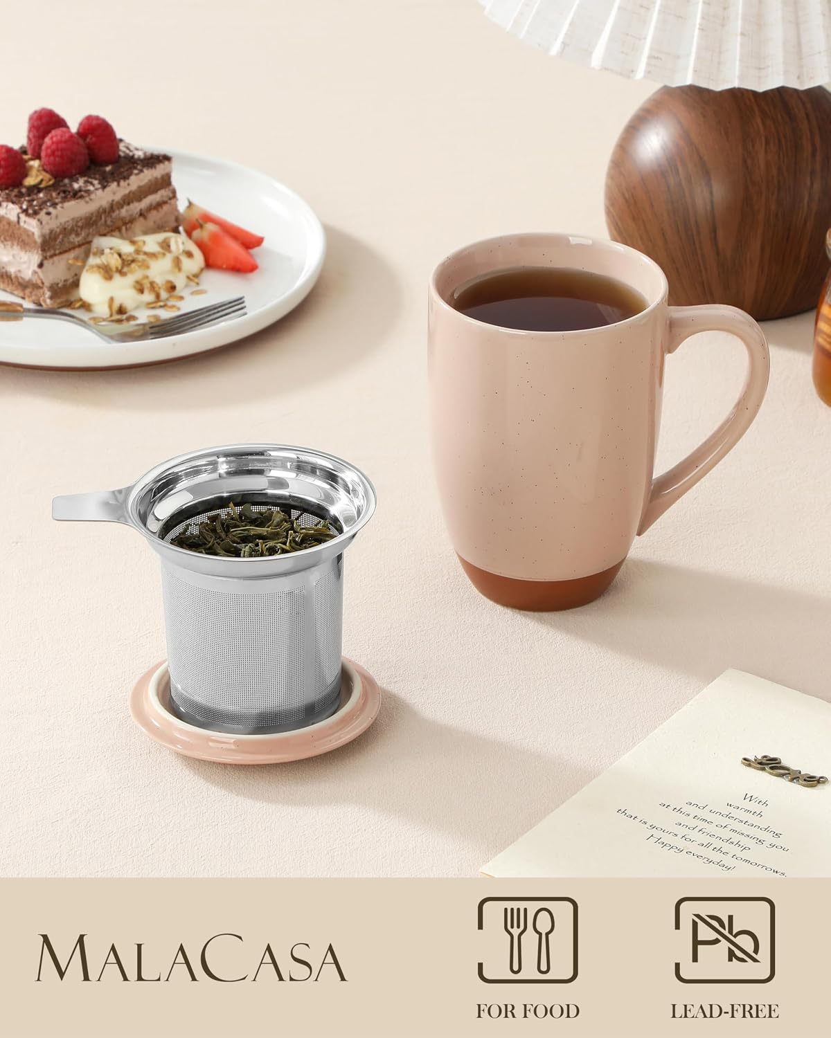 MALACASA Ceramic Tea Mug with Lid and Stainless Steel Infuser, 18 oz Large Tea Cup for Loose Leaf Tea, Heat-Resistant, Microwave & Dishwasher Safe, Speckled Glaze Coffee & Tea Brewer Mug, Khaki Brown
