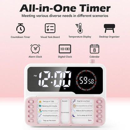 Visual Timer for Kids/Adults, ADHD Tools for Kids with Visual Schedule, 6-in-1 Time Timer with Alarm/Countdown/Digital Clock/Chore Chart, Smart Autism/ADHD Task Timer for Home Classroom - Pink