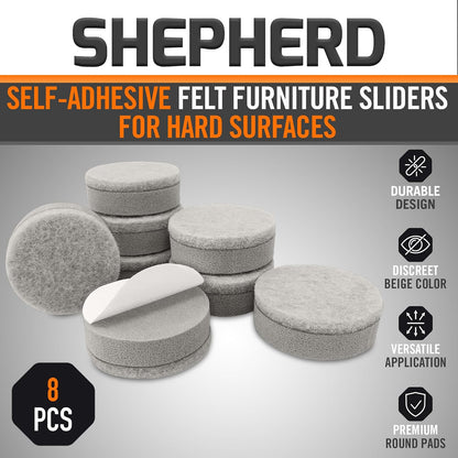 Shepherd 1" Round Leveling Self-Adhesive Felt Furniture Sliders for Hard Surfaces, Leveling Adhesive Furniture Moving Pads for Beds, Sofas, Dressers, Set of 8, Beige