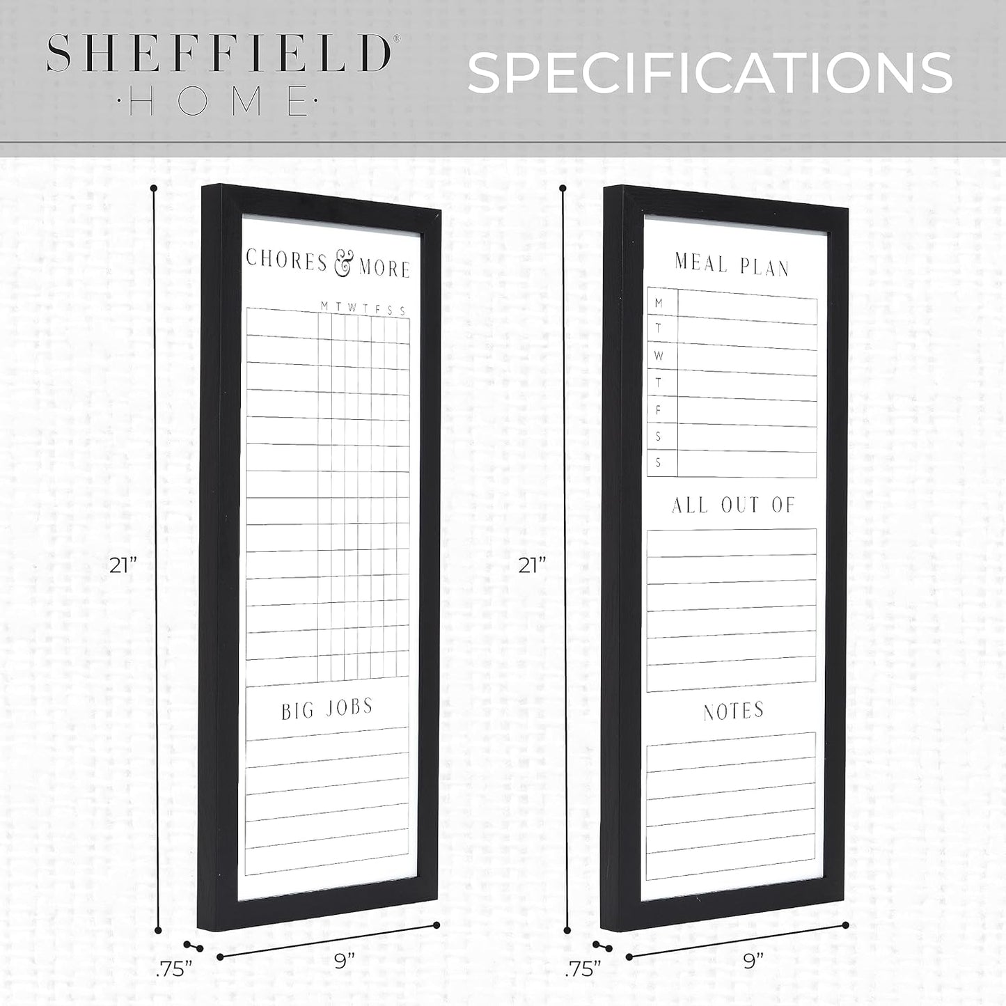 Sheffield Home Set of Two Family Planner Dry Erase Boards Featuring, Chore Chart, Shopping List, Weekly Meal Planner and Notes, 9x21 Inch, Natural