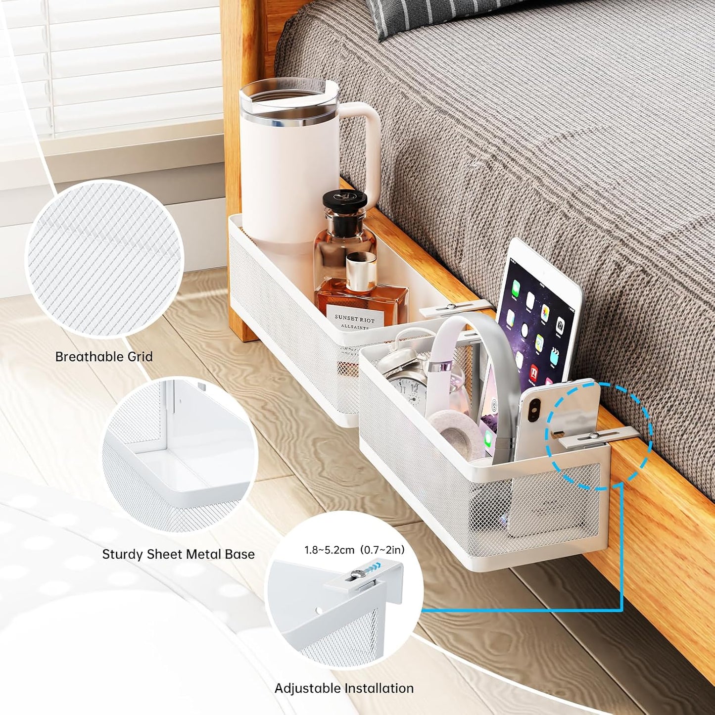 2 Pack Bedside Caddy Organizer,Bunk Bed Shelf, White | Adjustable Clamp-On Structure, Easy to Install, Holds up to 33 lbs, Fits All Types of Beds, College Dorm Room Essentials
