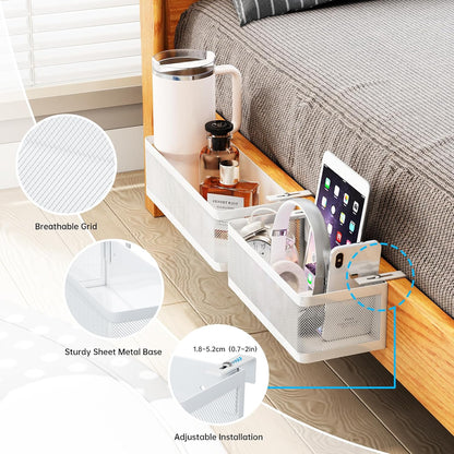 2 Pack Bedside Caddy Organizer,Bunk Bed Shelf, White | Adjustable Clamp-On Structure, Easy to Install, Holds up to 33 lbs, Fits All Types of Beds, College Dorm Room Essentials