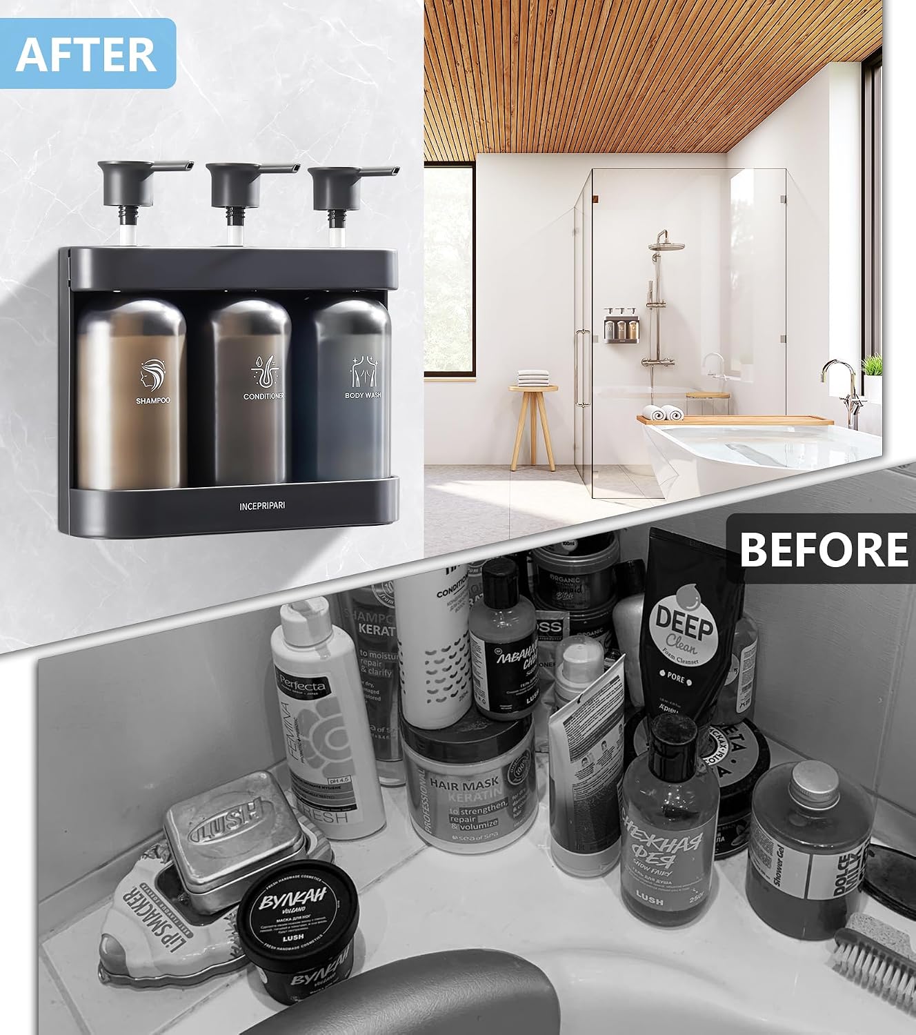 Shampoo Dispense for Shower, Shower Soap Dispenser Wall Mounted, Shower Dispenser 3 Chamber No Drill, Shampoo and Conditioner Dispenser for Bathroom Hotel, Shower Shampoo Dispenser 3 Chamber, Black