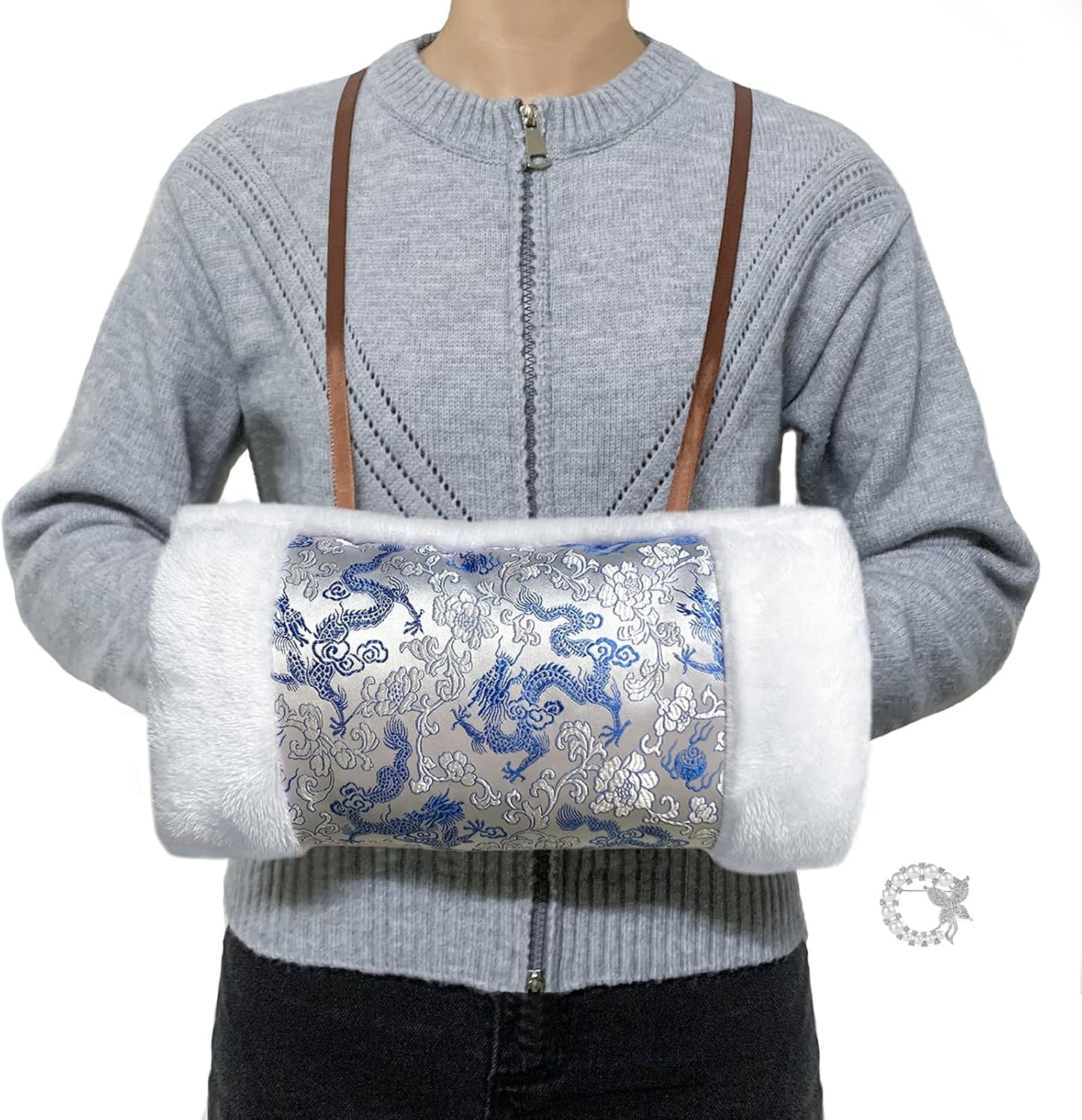 Faux Fur Hand Muffs for Women, Soft Exquisite Flower Pattern Hand Warmer Pouch with Neck Cord, Warm Hand Muffler for Cold Weather, with Pearl Butterfly Brooch
