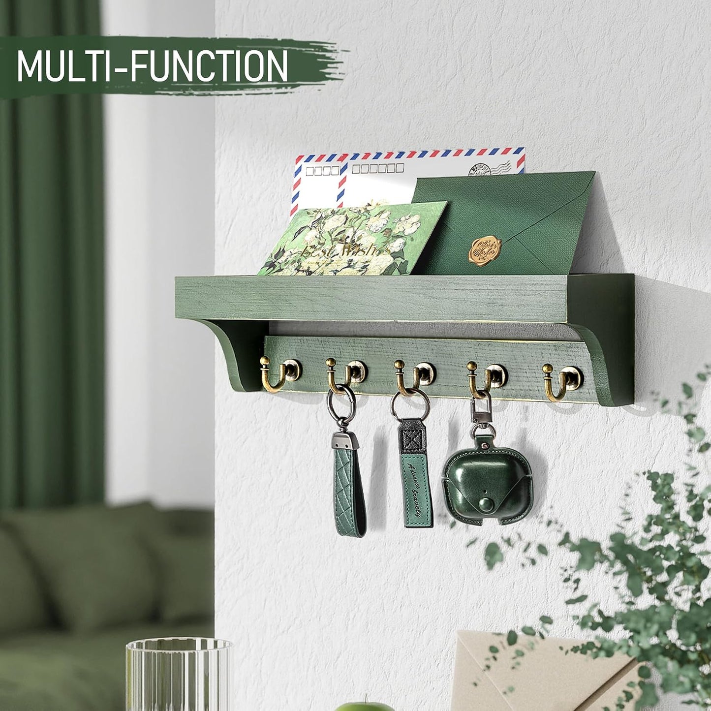 Rebee Vision Key Holder Wall Mount with 5 Hooks for Entryway, Retro Brown | Display Shelf for Plant & Letters, Key Shelf for Hats, Dog Leashes, Mail Organizer, Decorative Entryway & Living Room