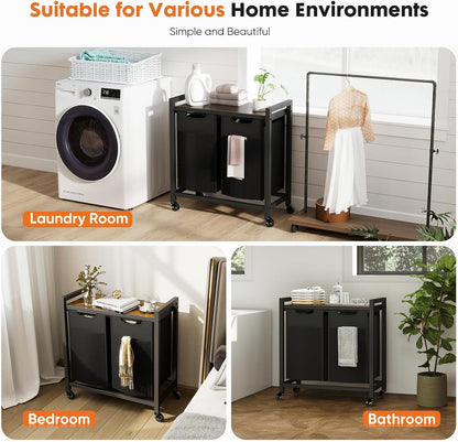 NEWBULIG Laundry Hamper Sorter with Wheels, Rolling Laundry Basket with Shelf & Removable Pull-Out Bag, Dirty Clothes Hamper for Room Organizer, 3 x 10.6 Gal (120L) - Rustic Brown and Black