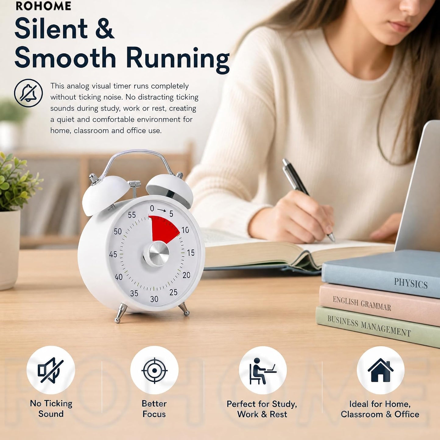 Visual Timer, 60 Minutes Analog Countdown Timer with Loud Double Bell Alarm, No Ticking Metal Time Management Table Clock for Kids Teacher School Classroom Cooking Kitchen Office ADHD (Blue)