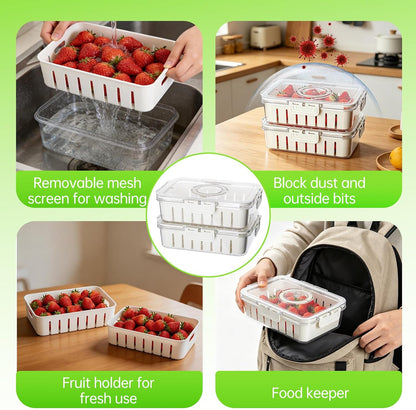 Fruit Storage Containers for Fridge, Strawberry Containers for Fridge with Handle, 2 Pack Keepers with Removable Mesh Screen, Berry Saver for Fresh Fruit, Stays Fresh, Simple to Clean