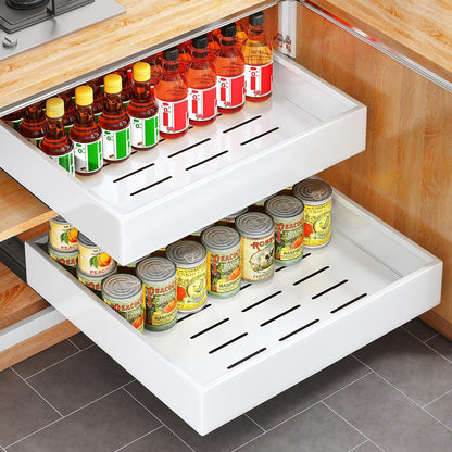 Pull out Cabinet Organizer, 21"Deep, Heavy Duty Full-Extension Slide out Drawers for Kitchen Cabinets with Nano Adhesive, Roll Out Shelf Sliding Cabinet for Pots, Bathroom, Pantry, Under Sink, White