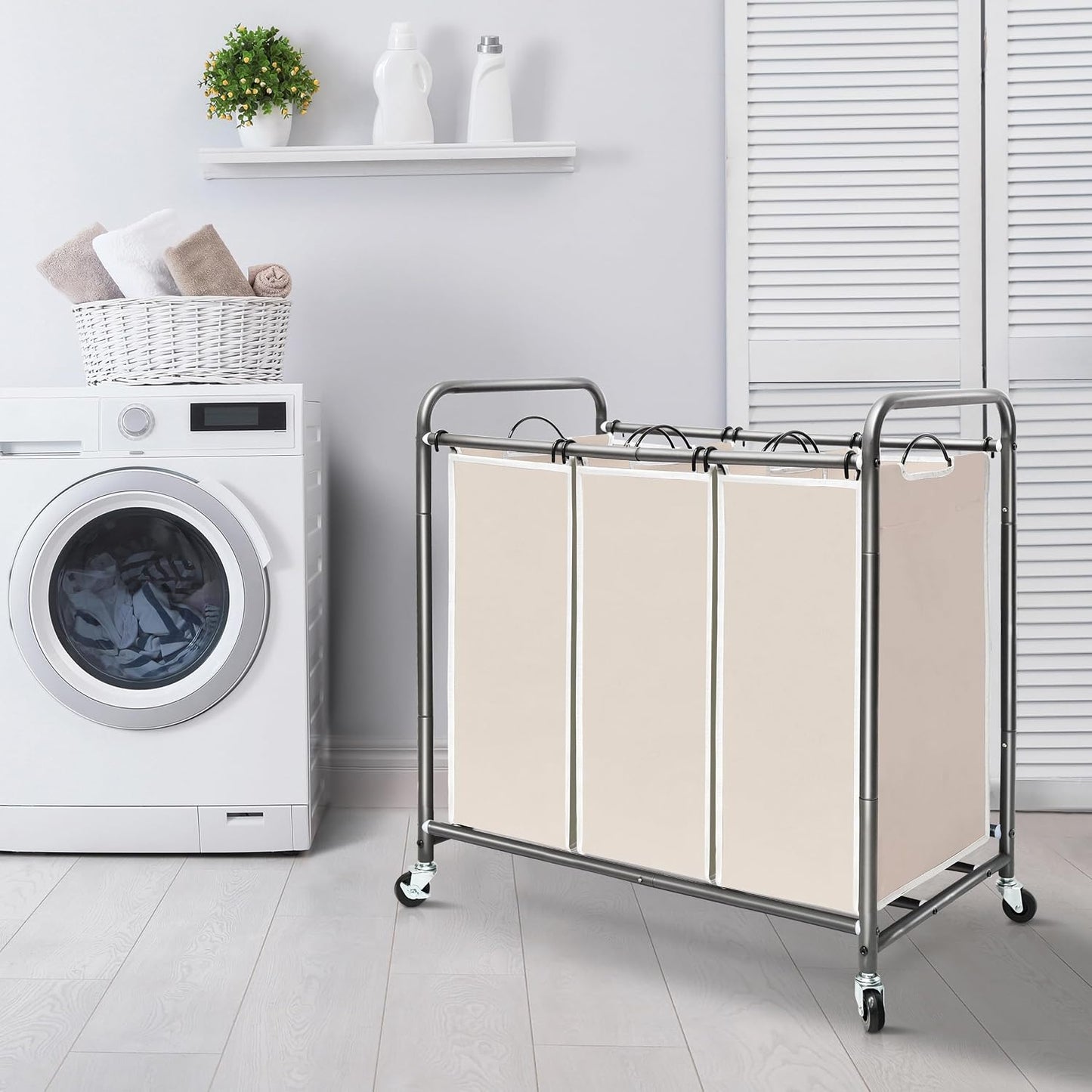 STORAGE MANIAC 3 Section Laundry Sorter, 35.6 Gal (135 L) Laundry Hamper Cart with Heavy Duty Rolling Lockable Wheels and Removable Bags, Clothes Organizer Basket Separator Hamper, Gray