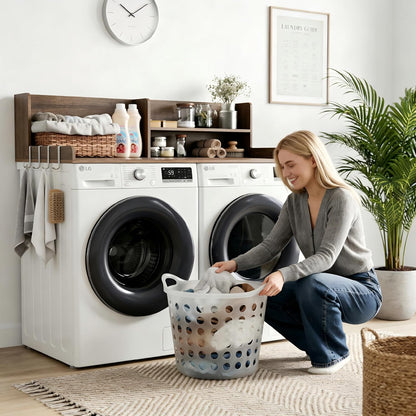 2-Tier Washer Dryer Countertop with Shelves & Metal Hooks, 27" W x 27.5" D Large Laundry Topper for Room Organization & Folding Clothes & Storage(Oak)