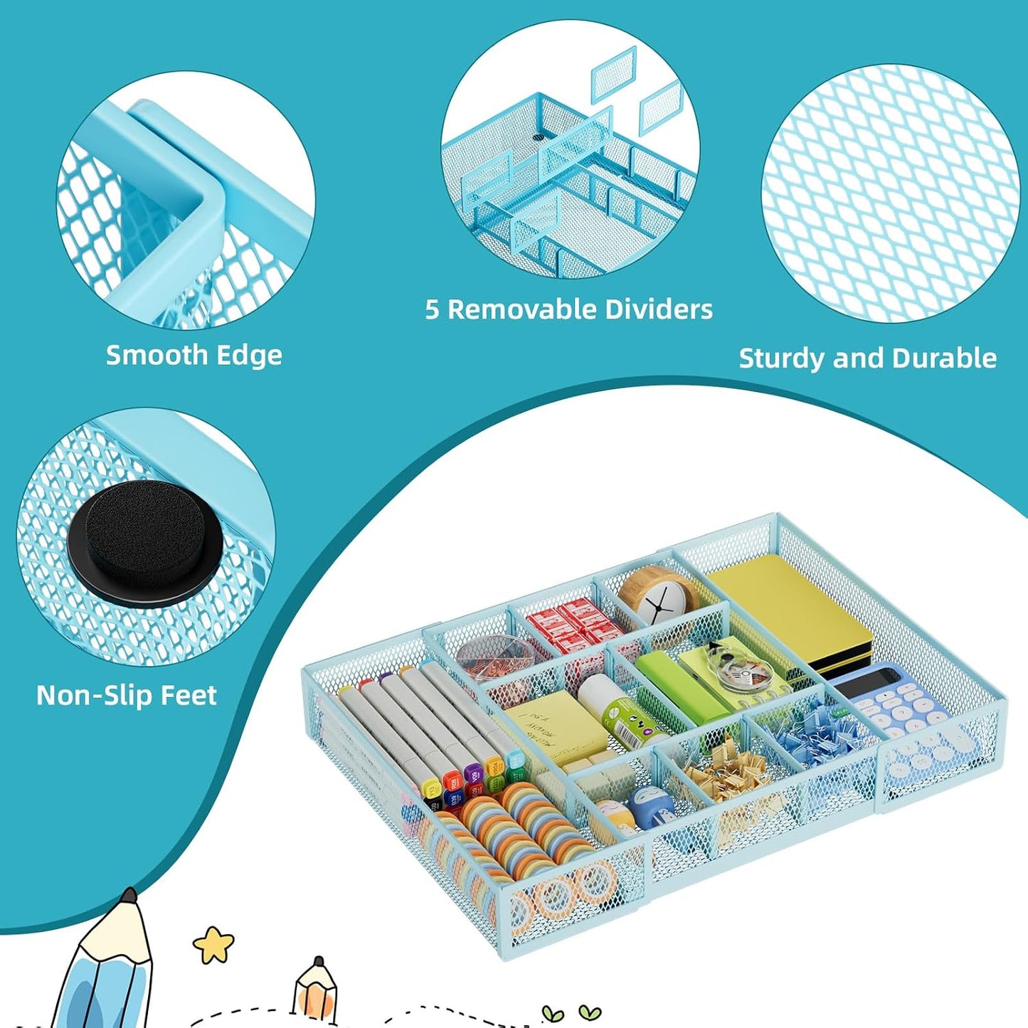 Marbrasse Expandable Desk Drawer Organizer, Mesh Drawer Organizer Tray with 10 Adjustable Compartments, Desk Organizers and Accessories, 5 Dividers Drawer for Office Supplies, Makeup & Vanity (Black)