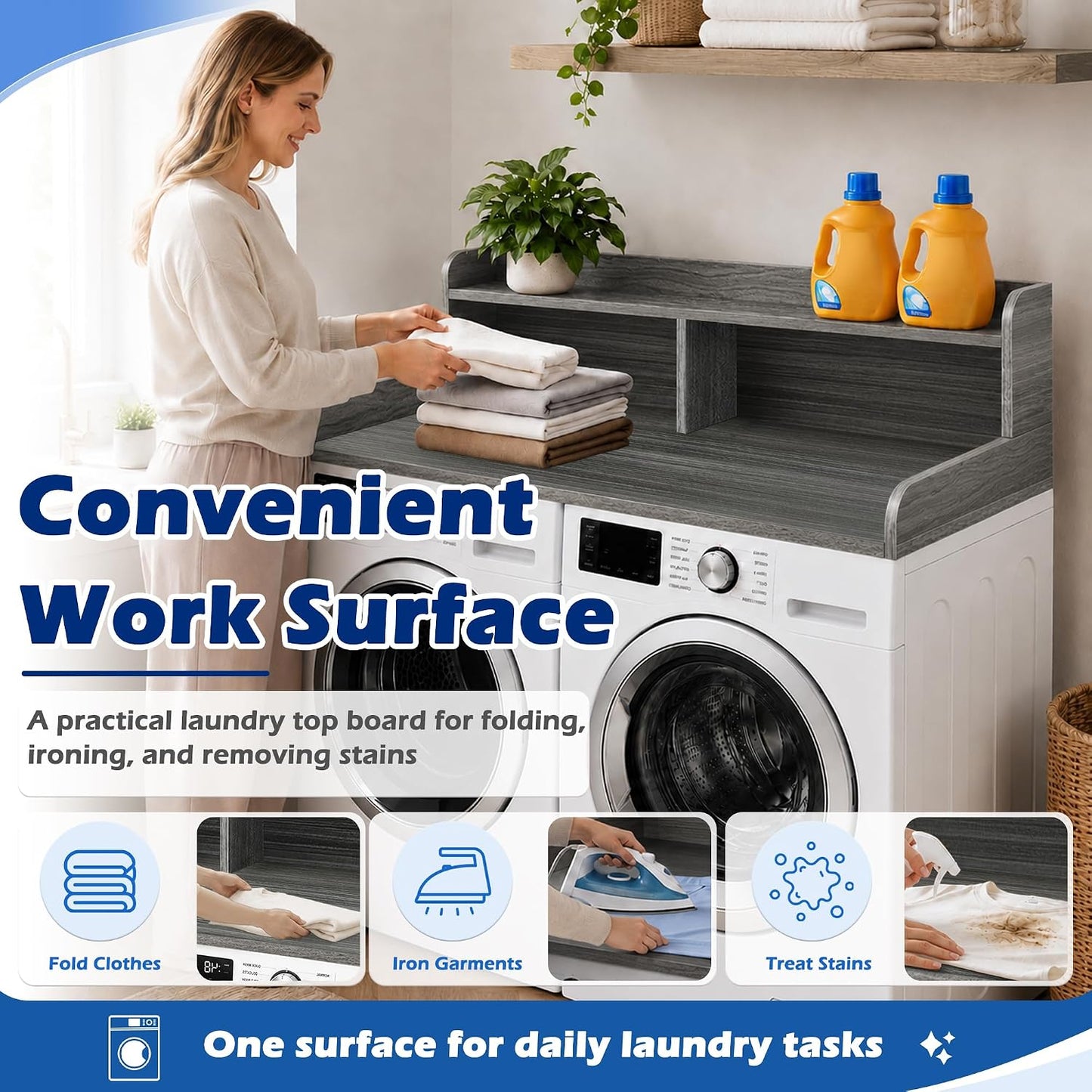 Royxen Laundry Countertop with Storage Universal Fit, Washer and Dryer Countertop with Shelf, Laundry Room Storage, 2-Tier Shelf (Oak)