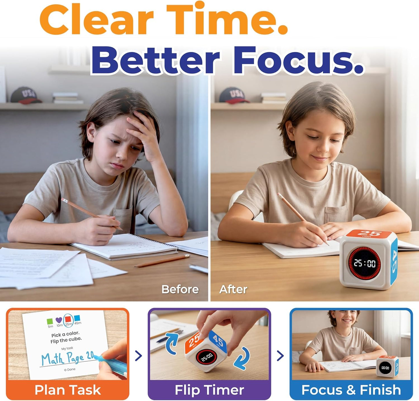 Visual Timer for Kids & Adults – Pomodoro Timer Cube with 5/10/25/45 Min Presets, Custom Visual Countdown & Count Up, Digital Classroom Timer for ADHD, Focus, Study, Work, Rechargeable