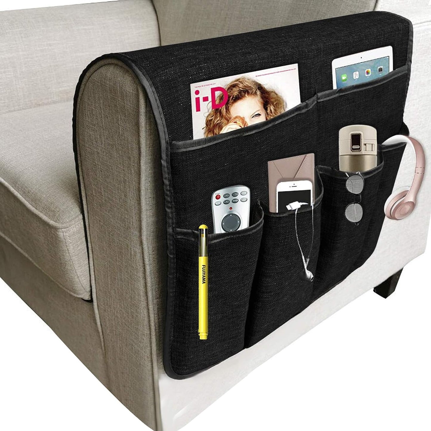 Couch Sofa Armrest Organiser Arm Chair Caddy Bedside Storage Pocket with 8 Pockets TV Remote Holder Bed Storage Pocket Bag for Cellphone Tablet Notepad Book Magazines DVD Glasses