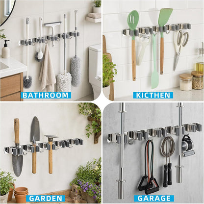 Foensc 5 Racks and 4 Hooks Mop and Broom Holder Wall Mount, Improved Non-Slip Broom Hanger Wall Mount, Self Adhesive Broom Organizer Storage Tool Racks for Home Kitchen Garden Laundry Garage