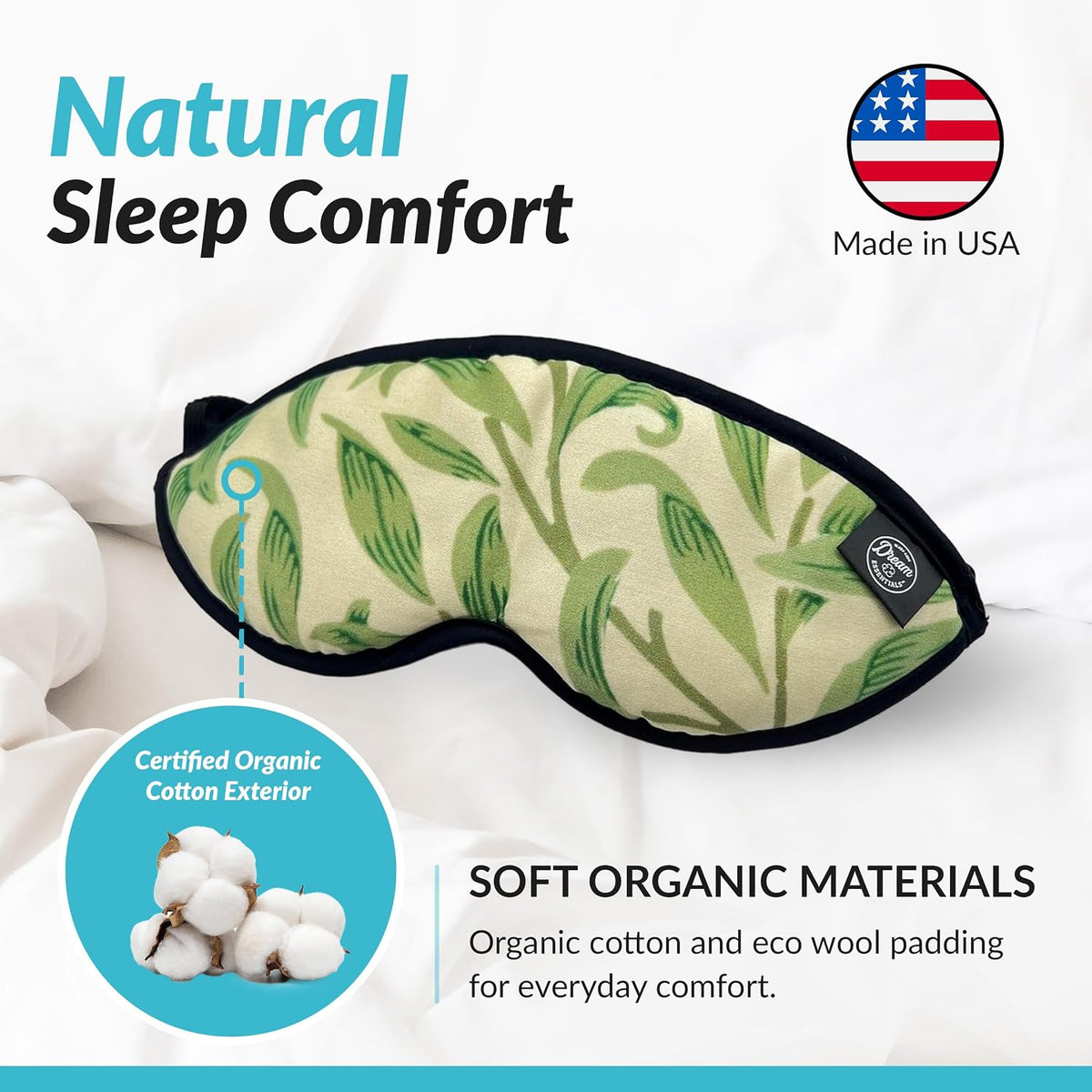 Dream Essentials Natura Organic Cotton Sleep Mask | Twilight Blue | Eye Mask for Sleeping, Light Blocking Soft Sleep Eye Cover with Eco Wool Padding | Made in USA Travel Accessories