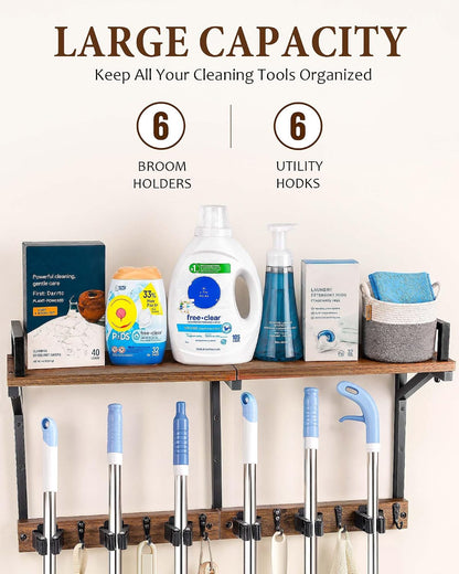 Lorbro Broom Holder Wall Mount with Cleaning Supplies Storage, Heavy Duty | 3 in 1 Broom and Mop Organizer Wall Hanging, Wooden Mop Organizer Hanger, Storage Shelves for Laundry Room, Garage
