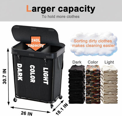 Laundry Sorter with Wheels 240L Rolling Laundry Cart,3 Compartment Designed Removable Laundry Bag for Daily Use in Bathrooms and Laundry Rooms (Brown, 240L)