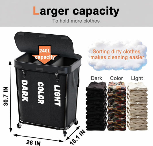 Laundry Sorter with Wheels 240L Rolling Laundry Cart,3 Compartment Designed Removable Laundry Bag for Daily Use in Bathrooms and Laundry Rooms (Brown, 240L)