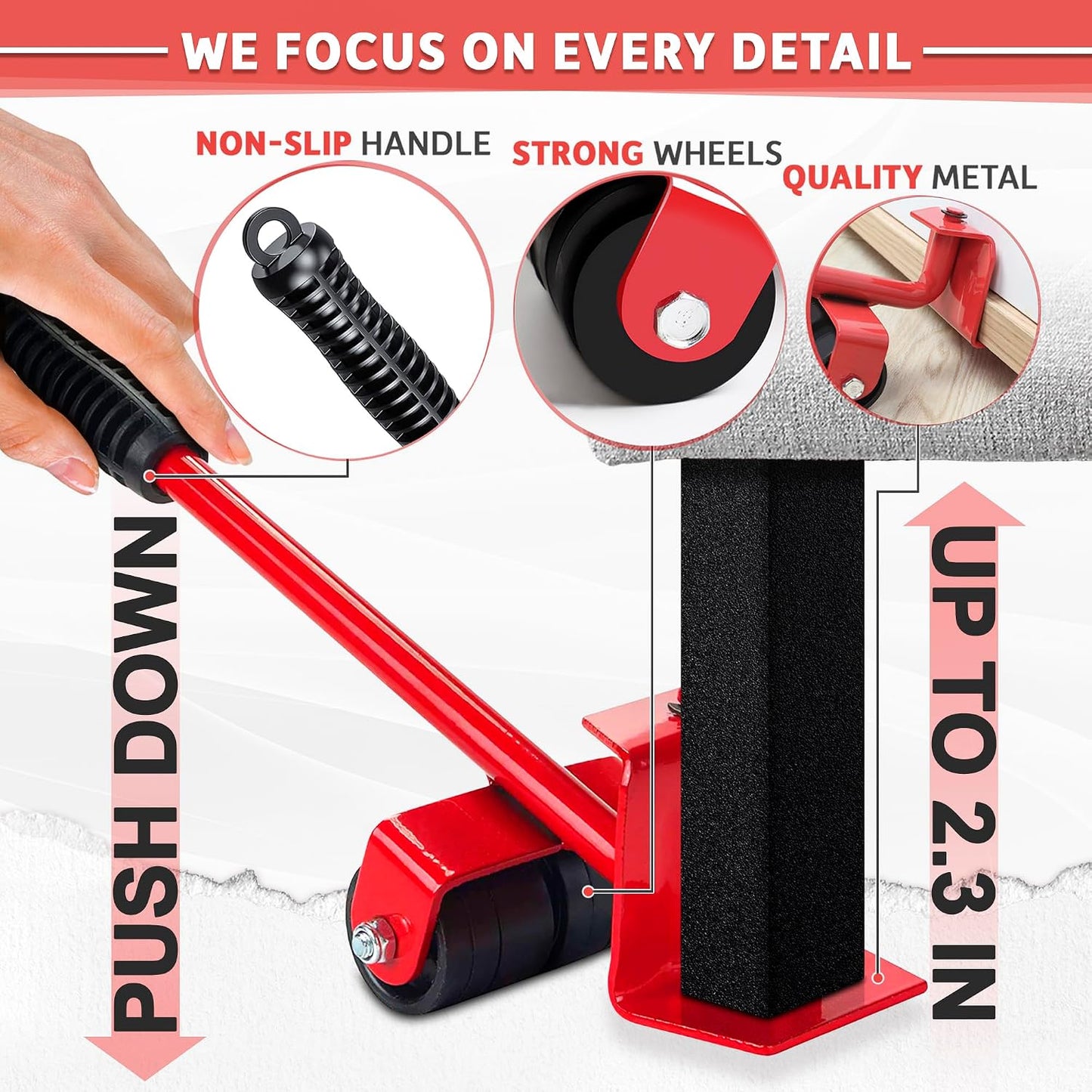 Furniture Lifter Tool with Sliders, Fridge Mover Set Up to 220 Lbs | Sofas, Tables, and Dressers Glide Easily with 360° Wheels | Non-Scratch Sliders Protect Hardwood Floors