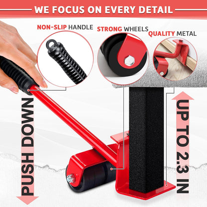 Furniture Lifter Tool with Sliders, Fridge Mover Set Up to 220 Lbs | Sofas, Tables, and Dressers Glide Easily with 360° Wheels | Non-Scratch Sliders Protect Hardwood Floors